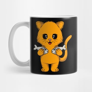 Cat Masterfully Holding Two Fish in Each Arm - Captivating Tee for Cat Lovers Mug